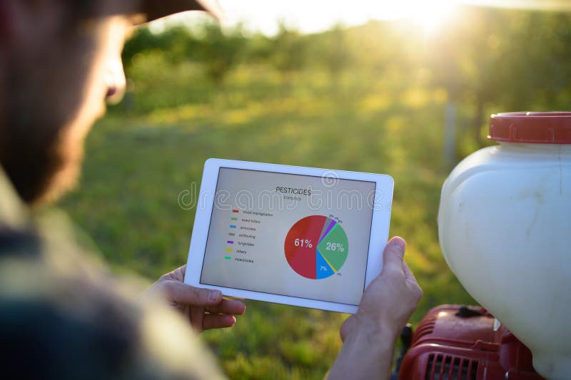 Monitoring orchard smart farming technology, gathering data about pesticides. stock photography