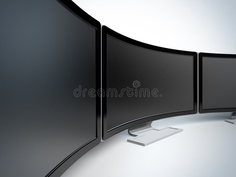 Monitors at white background. A 3d illustration blank template layout of curved wide monitors with black frame. Monitors at white background. A 3d illustration blank template layout of curved wide monitors with black frame.