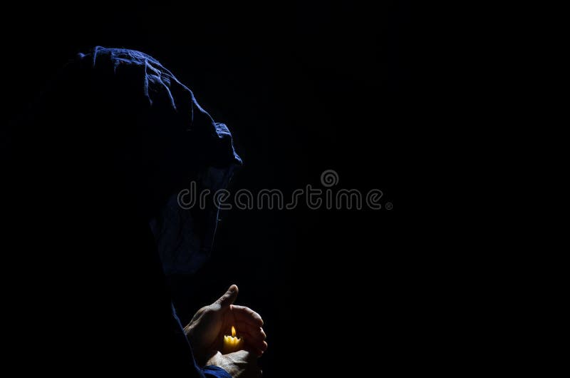 Monk with candle. stock image. Image of solitude, night 79760855