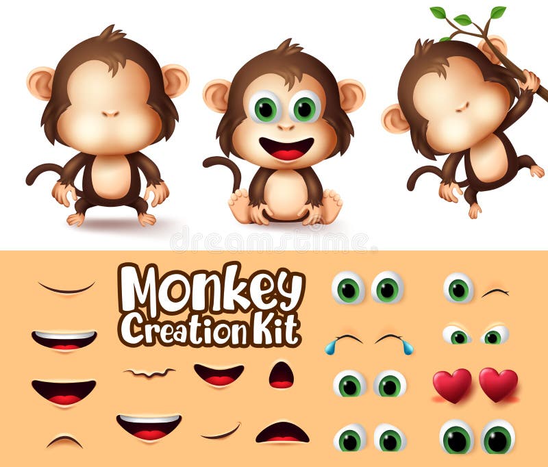 Monkey animals character creator vector set. Monkeys animal character eyes and mouth editable create kit with different emotion.