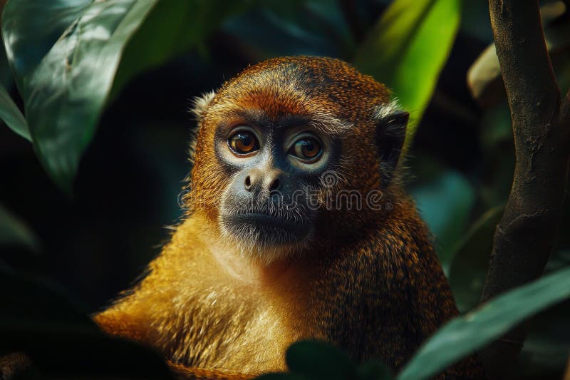 Generative Ai, monkey cub in the forest, light brown fur with sparkling eyes, perching on a tree branch stock image