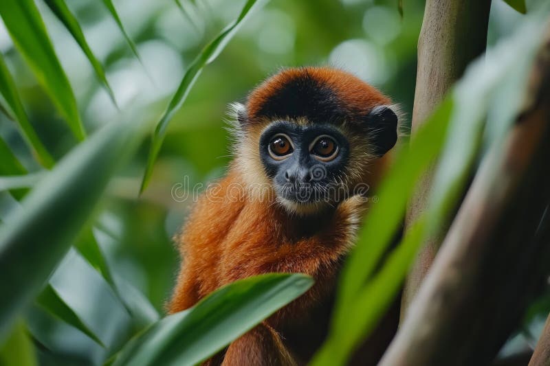 Generative AI, a monkey cub in the forest, light brown fur with sparkling eyes, perching on a tree branch royalty free stock image