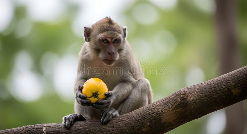Monkey with Fruit Macaque Holding Yellow Mango on Branch stock illustration