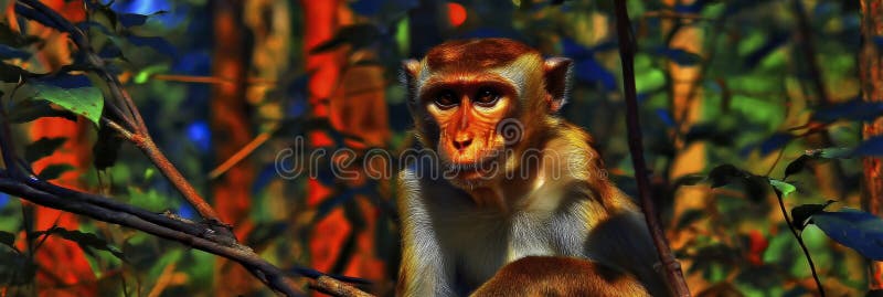 Monkey gazes thoughtfully in vibrant forest setting. stock illustration
