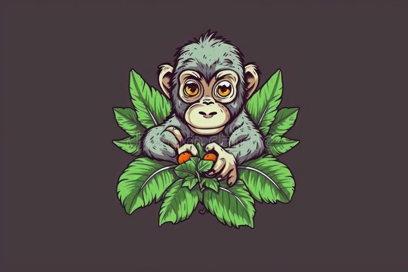Monkey logo in green leaves on dark background generative ai vector illustration