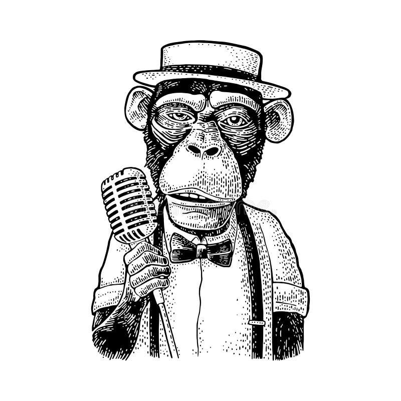 Monkey o chapéu vestido, camisa, laço que guarda o microfone engraving ilustração stock Monkey o chapéu vestido, camisa, laço que guarda o microfone engraving ilustração stock