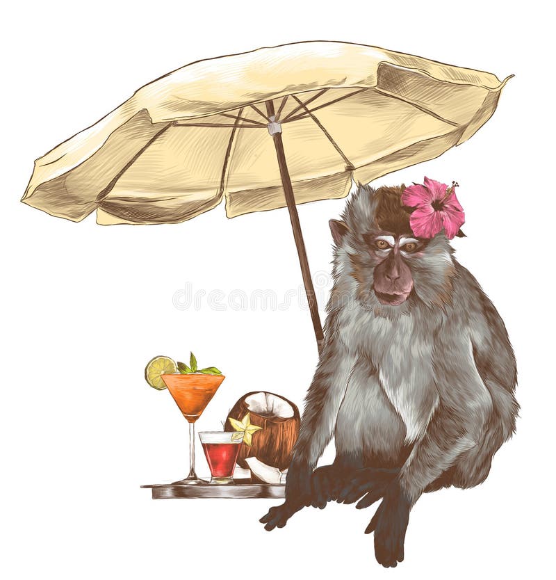 Monkey sitting on the beach under a beach umbrella with a tropical flower on his head