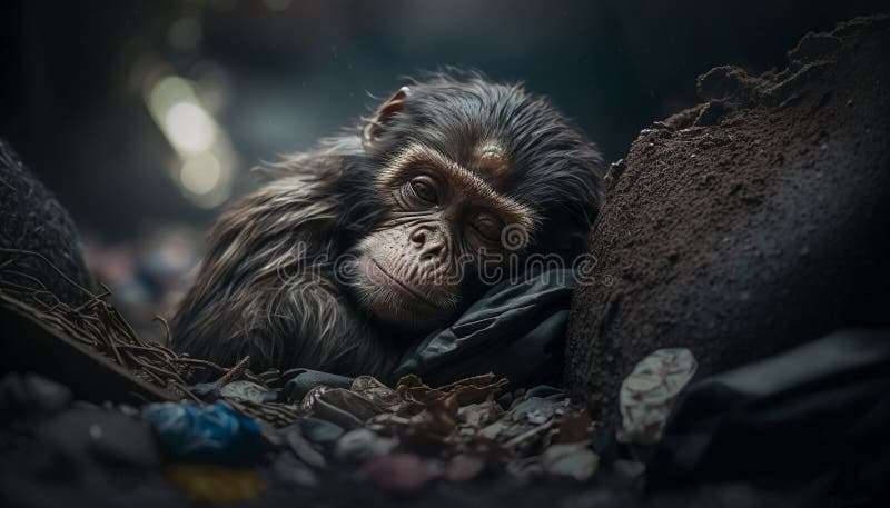 A monkey sleeps among the piles of plastic waste and the rain. concept of saving the world. Generative AI royalty free stock image