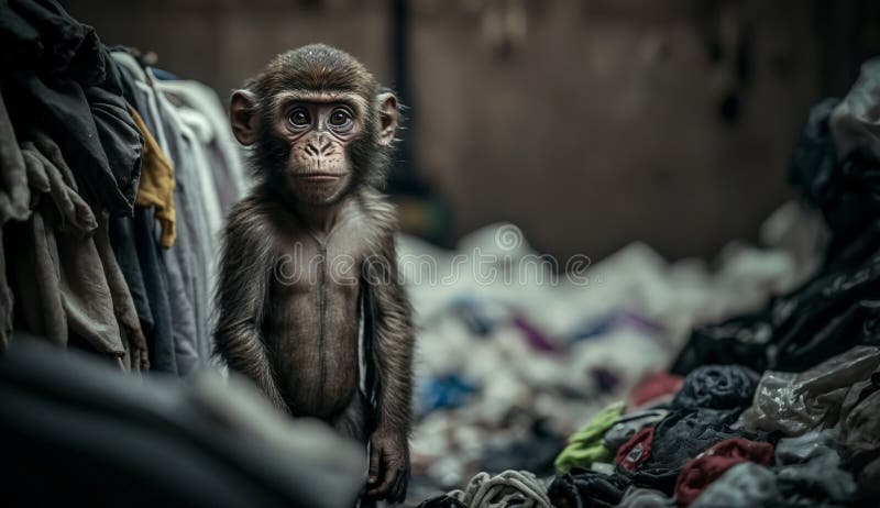 A monkey standing among the piles of plastic with looking for food and accommodation, Concept of saving the world. Generative AI stock photography