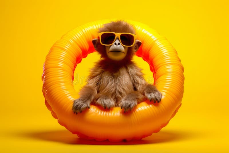 Monkey in sunglasses on inflatable circle on yellow background. Generative AI royalty free stock photo