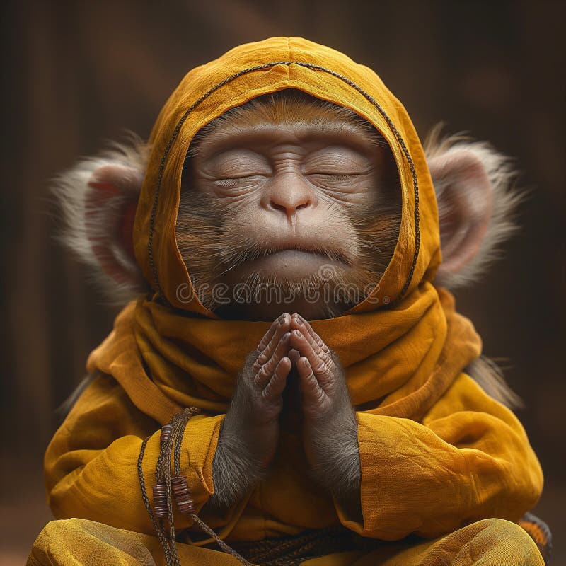 Serene monkey dressed in yellow monk robe meditates peacefully in tranquil forest. Generative AI stock photo