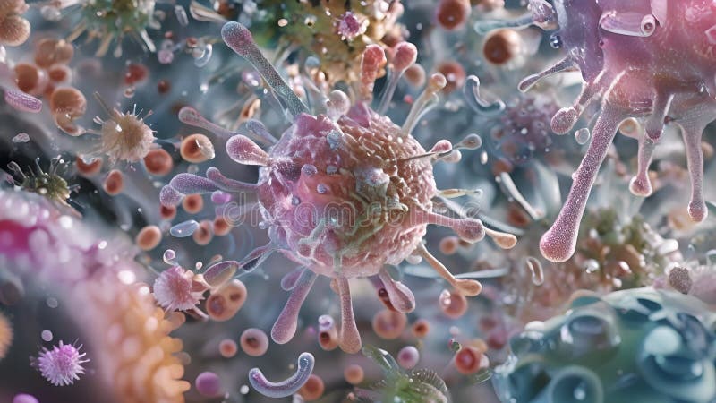 Monkeypox virus particles floating in microscopic view royalty free illustration