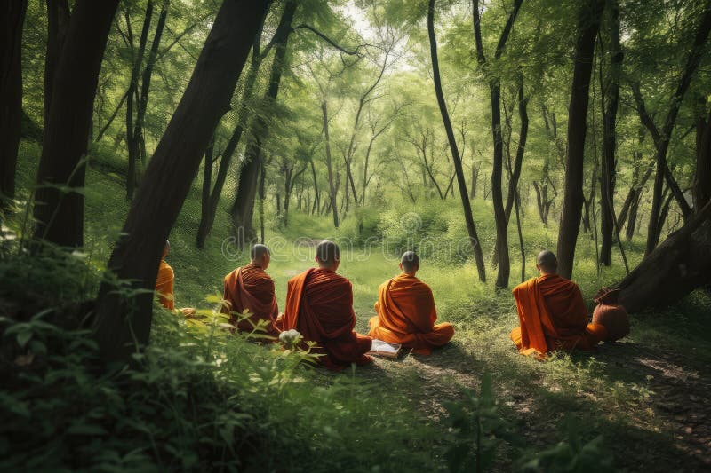 Monks Meditating in the Forest, Surrounded by Nature Stock Illustration
