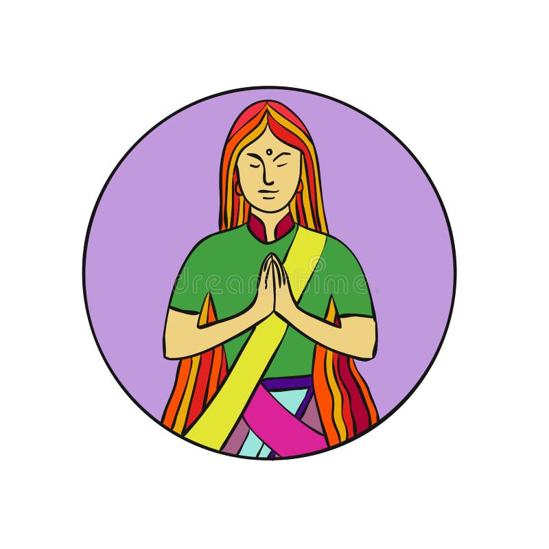 Mono illustrazione al tratto di giovane donna indiana che preme le mani insieme ad un sorriso per accogliere Namaste, una pratica royalty illustrazione gratis Mono illustrazione al tratto di giovane donna indiana che preme le mani insieme ad un sorriso per accogliere Namaste, una pratica royalty illustrazione gratis