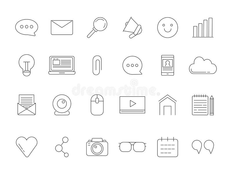 A mono linha imagens ajustou-se de vários símbolos para transmitir, blogging e copyrighting ilustração stock A mono linha imagens ajustou-se de vários símbolos para transmitir, blogging e copyrighting ilustração stock