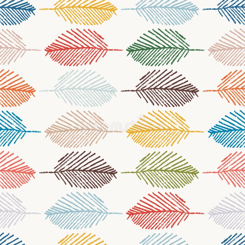 Mono print style leaves seamless vector pattern background. Horizontal rows of colorful scribble effect foliage on white royalty free illustration