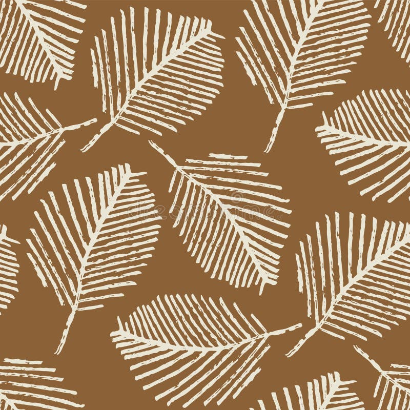Mono print style scattered leaves seamless vector pattern background. Simple lino cut effect skeleton leaf foliage on