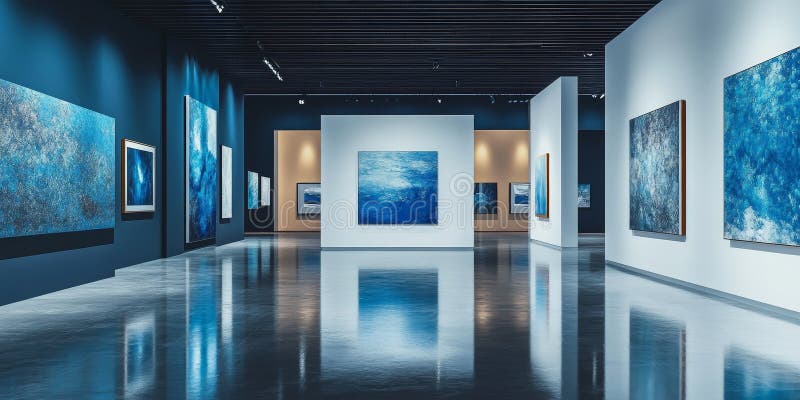 Monochromatic Abstract Art Gallery with Unique Background and Lighting stock illustration