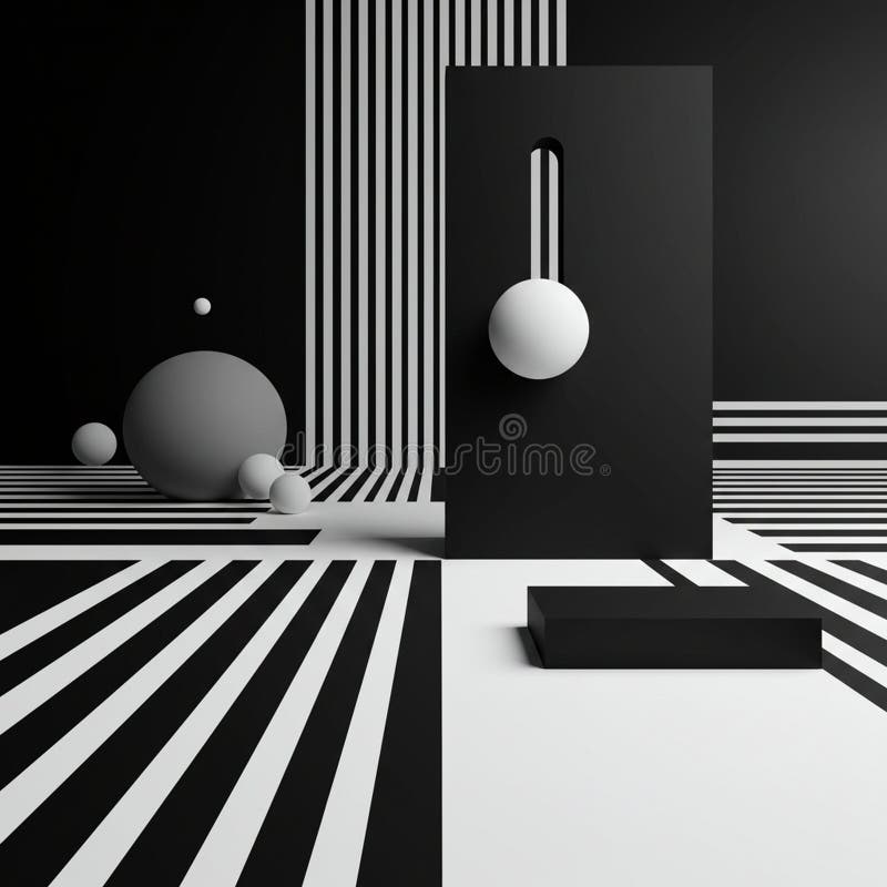 Monochromatic abstract scene featuring geometric shapes and patterns. A large royalty free illustration