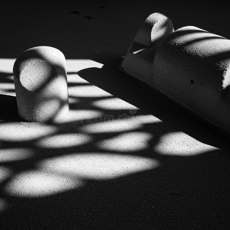 Monochromatic abstract scene featuring two smooth, rounded concrete shapes vector illustration