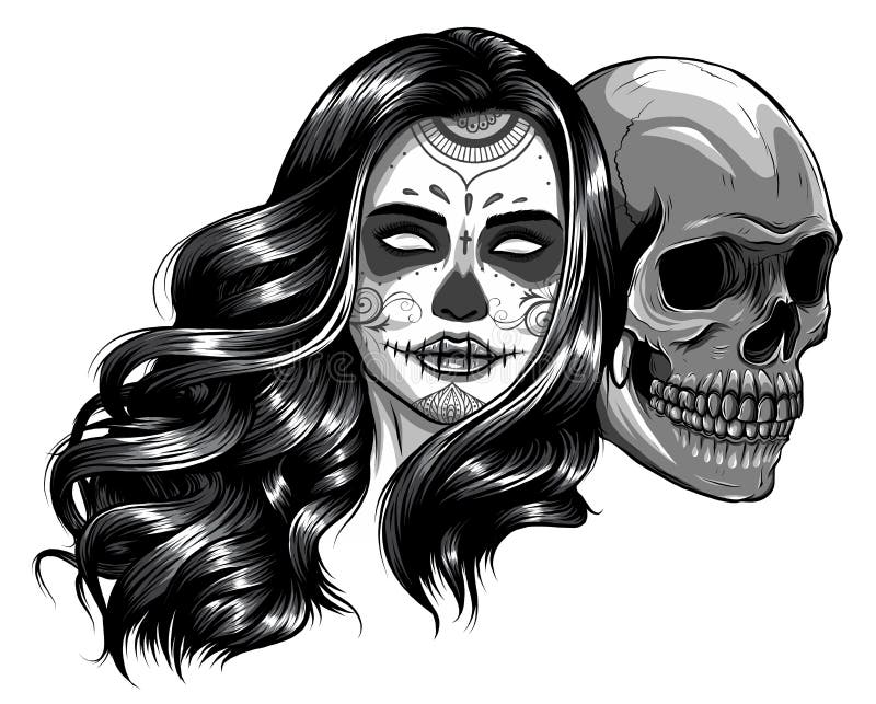 Monochromatic Girl with Skeleton Make Up Hand Drawn Vector Sketch ...