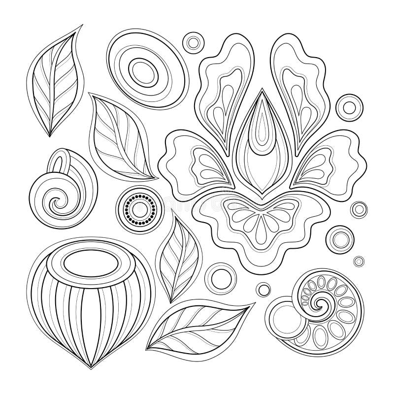 Monochromatyczny Ustawiający Kwiecistego projekta elementy w Doodle Kreskowym stylu ilustracji Monochromatyczny Ustawiający Kwiecistego projekta elementy w Doodle Kreskowym stylu ilustracji