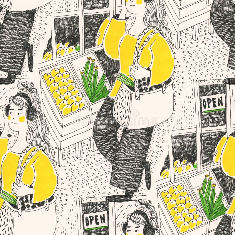 Monochrome seamless pattern. A girl shopping in the city. Ink drawing. Seamless pattern with flowers. Drawing with markers. Hand-drawn illustration. Monochrome seamless pattern. A girl shopping in the city. Ink drawing. Seamless pattern with flowers. Drawing with markers. Hand-drawn illustration