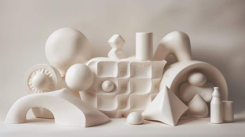 Monochrome abstract geometric sculpture display 3d rendering image, vector illustration.