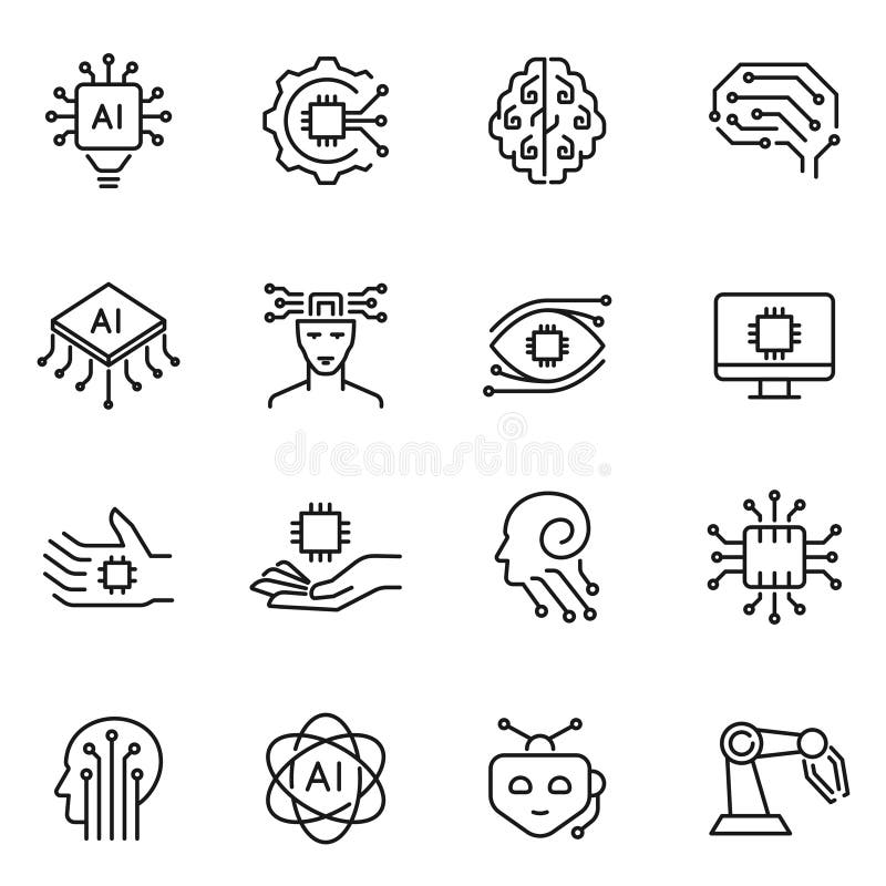 Monochrome artificial intelligence set icon line vector futuristic human brain connection vector illustration