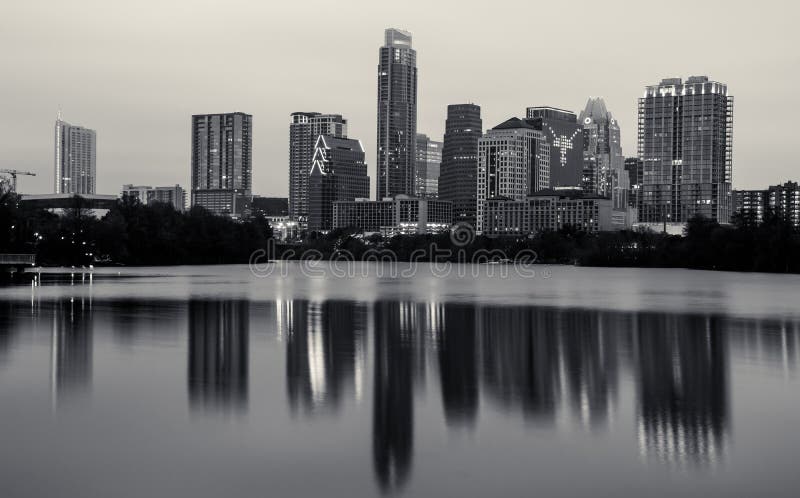 Monochrome Austin Texas Skyline Longhorns Logo in Cityscape royalty free stock photo Monochrome Austin Texas Skyline Longhorns Logo in Cityscape royalty free stock photo