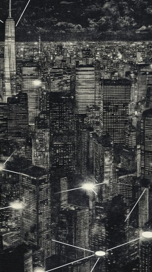 Monochrome city with interconnected digital network lights a monochrome cityscape adorned with a weave of interconnected digital ilustração stock