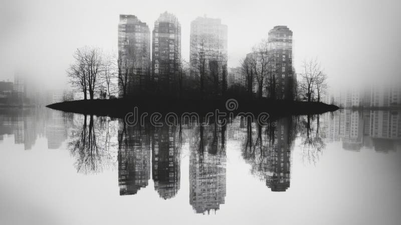 Monochrome city reflection in still water ilustração do vetor