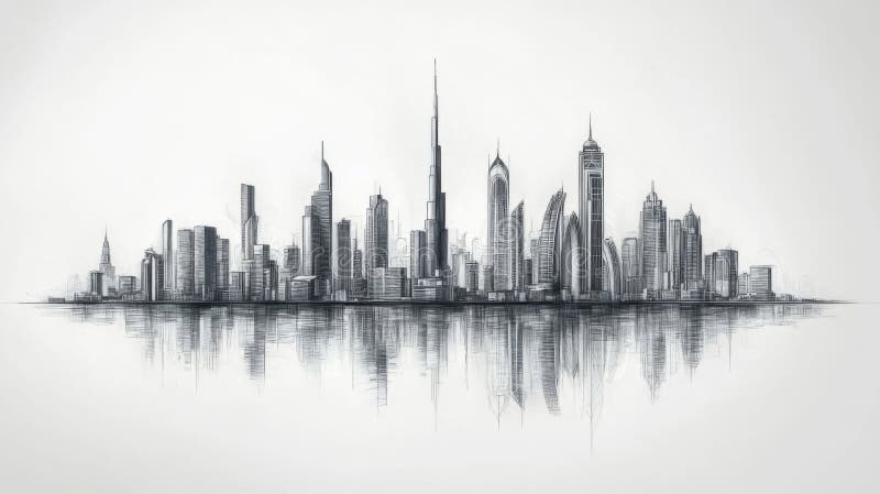 Monochrome city skyline drawing ilustração do vetor