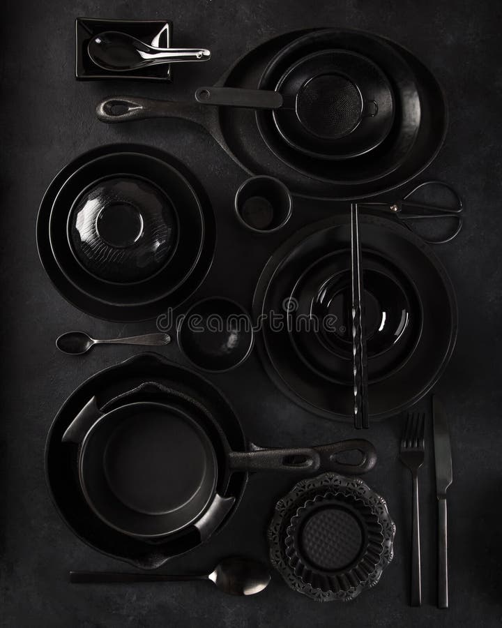 Monochrome Concept. Black Tableware on Black Background Stock Image