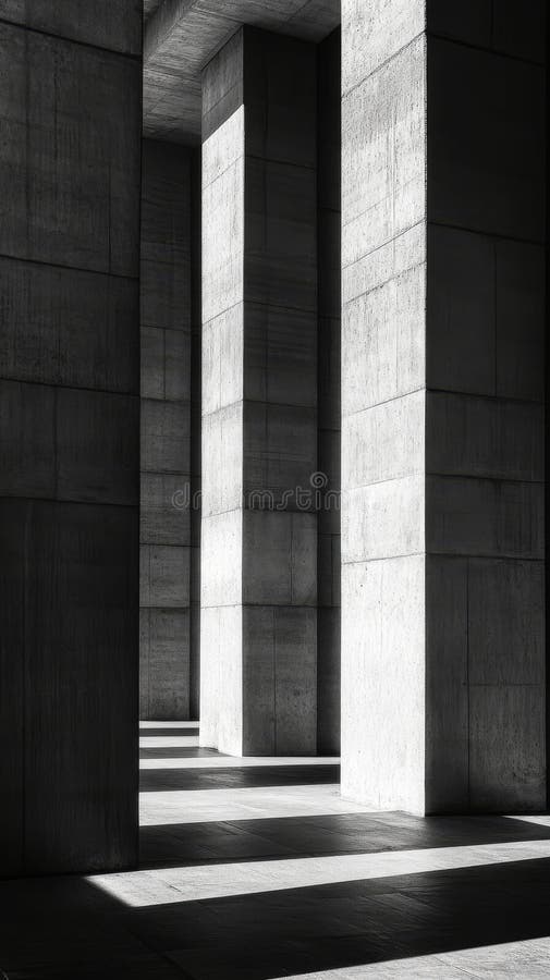 Monochrome concrete columns with dramatic shadows in modern architecture. Urban design concept