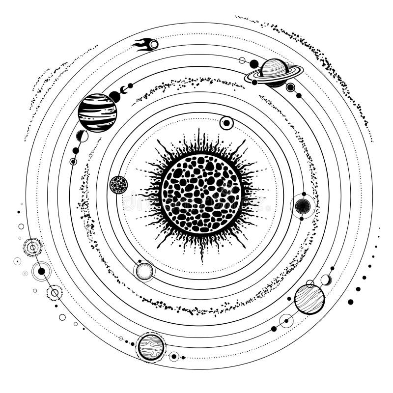 Monochrome Drawing: Stylized Solar System, Orbits, Planets, Space