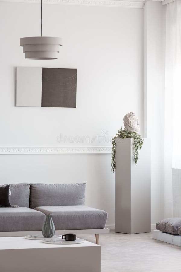 Monochrome Grey, White and Black Living Room Interior with Sofa Stock