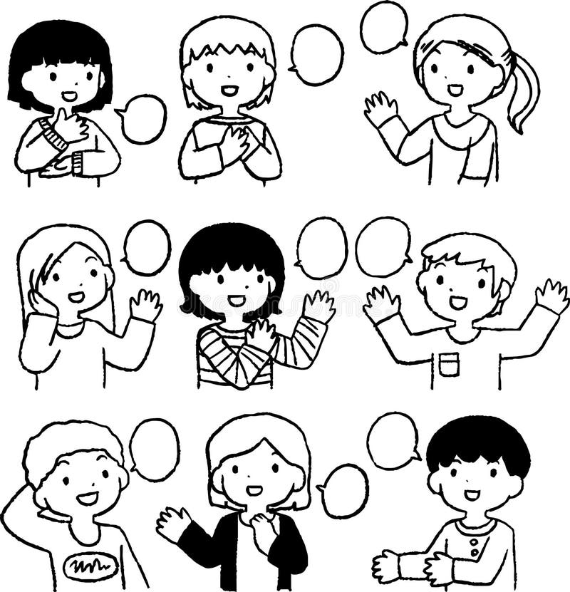 Monochrome Illustration of cute people having a conversation set royalty free illustration
