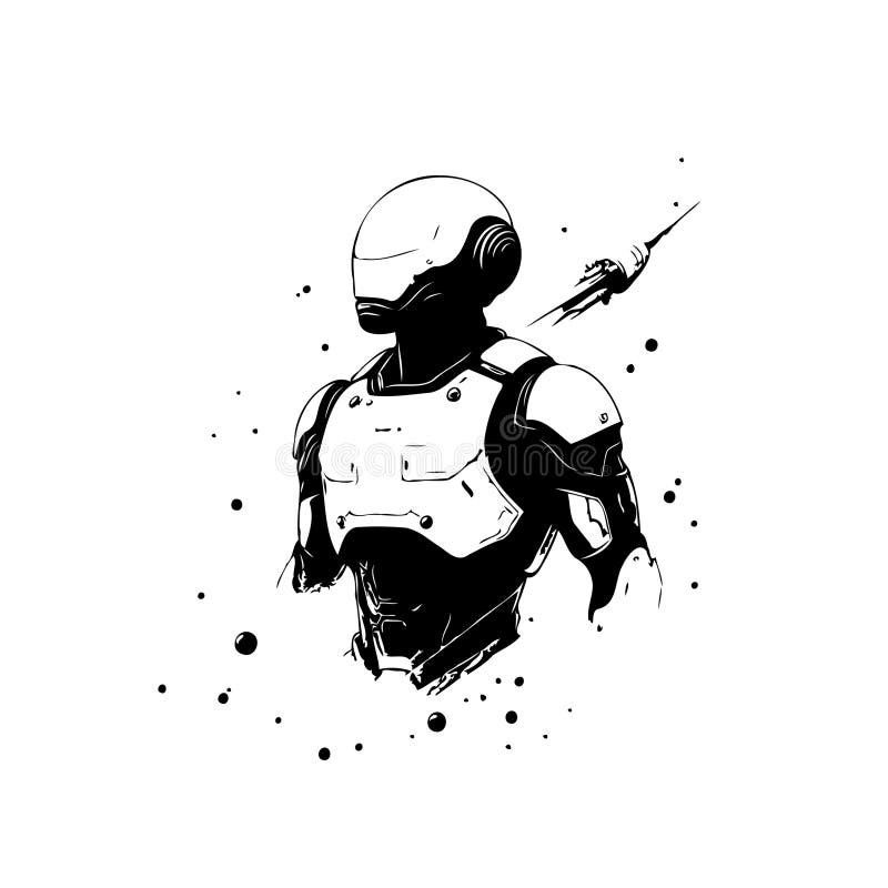 Monochrome illustration of a futuristic robotic warrior with stylized elements royalty free illustration