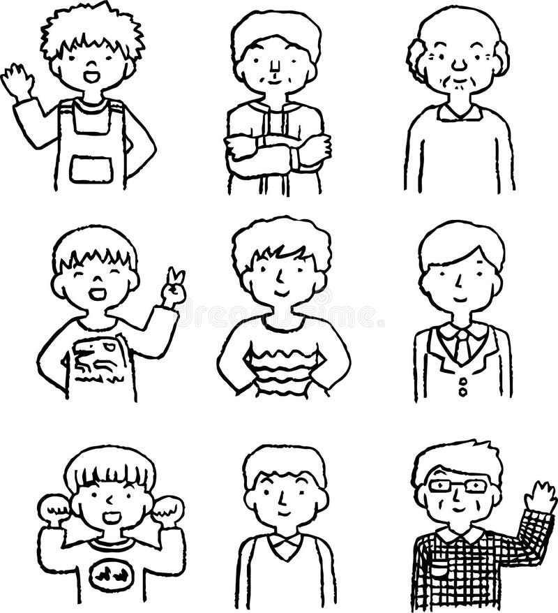 Monochrome Illustration of men of various ages set stock illustration