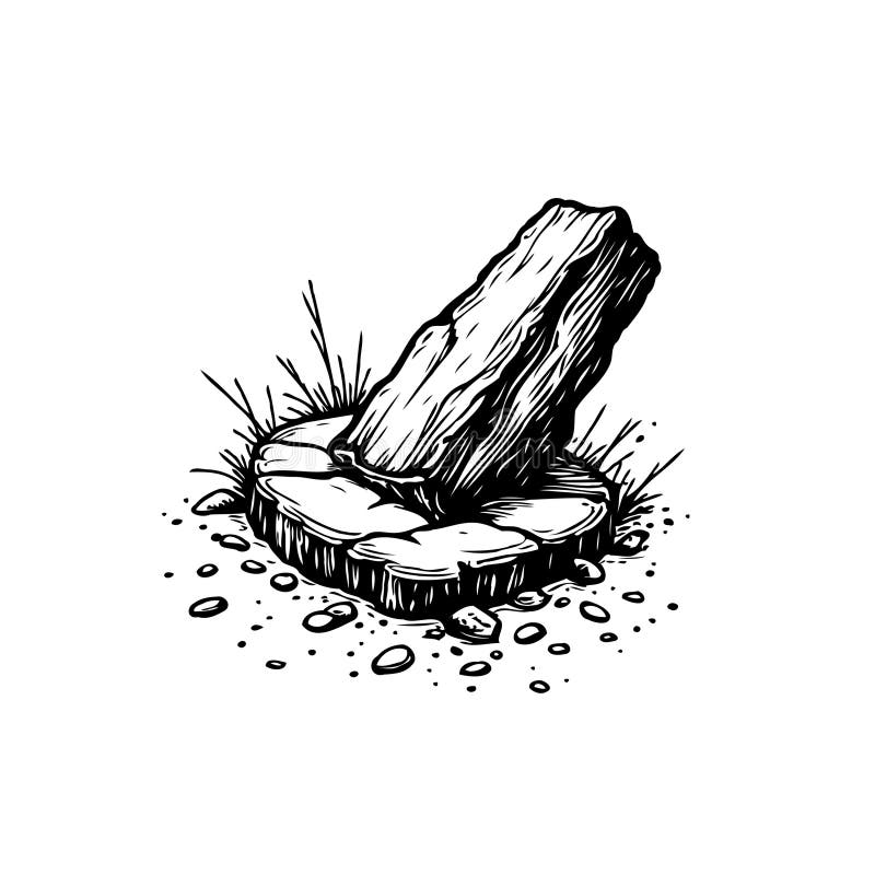 Monochrome illustration of rustic stone monument with pebble scatter design stock illustration