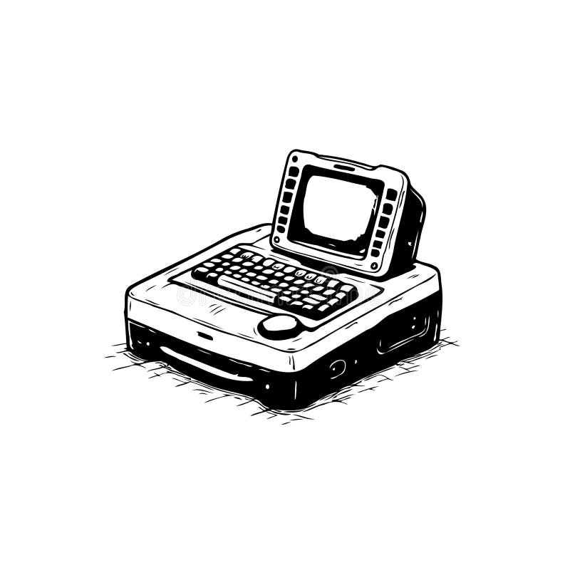 Monochrome illustration portraying a vintage computer setup with retro appeal royalty free illustration
