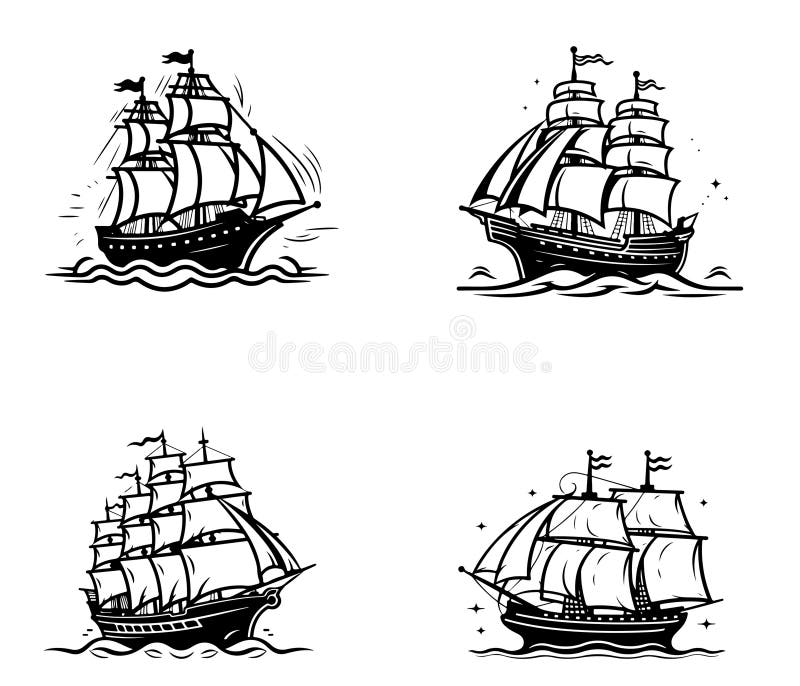 Monochrome image of sailing boat isolated on white stock illustration