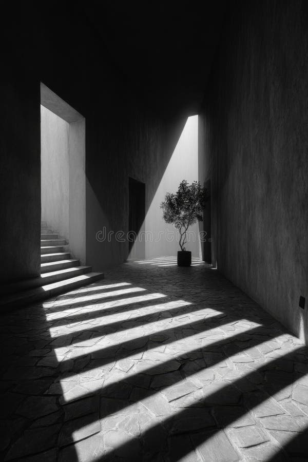 Monochrome Interior Hallway with Plant and Strong Light and Shadow vector illustration