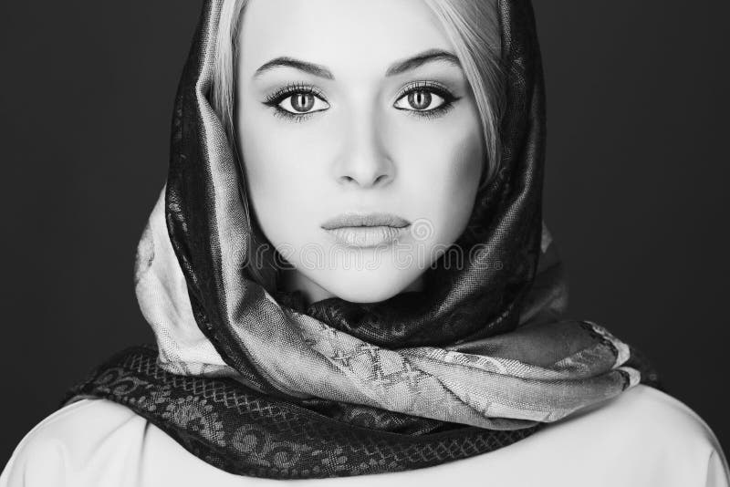 Monochrome portrait of Beautiful blond woman in scarf