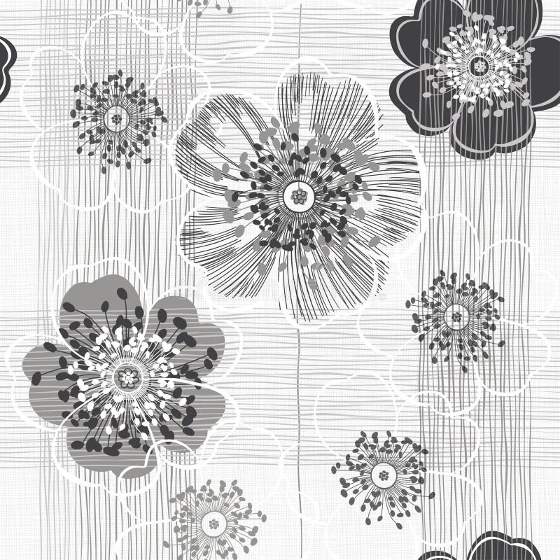 Monochrome seamless pattern of abstract flowers. Hand-drawn floral background.