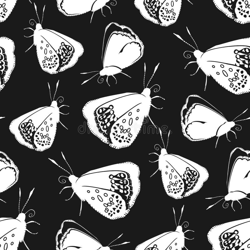 Monochrome seamless pattern with butterflies on black background. Stock vector royalty free illustration