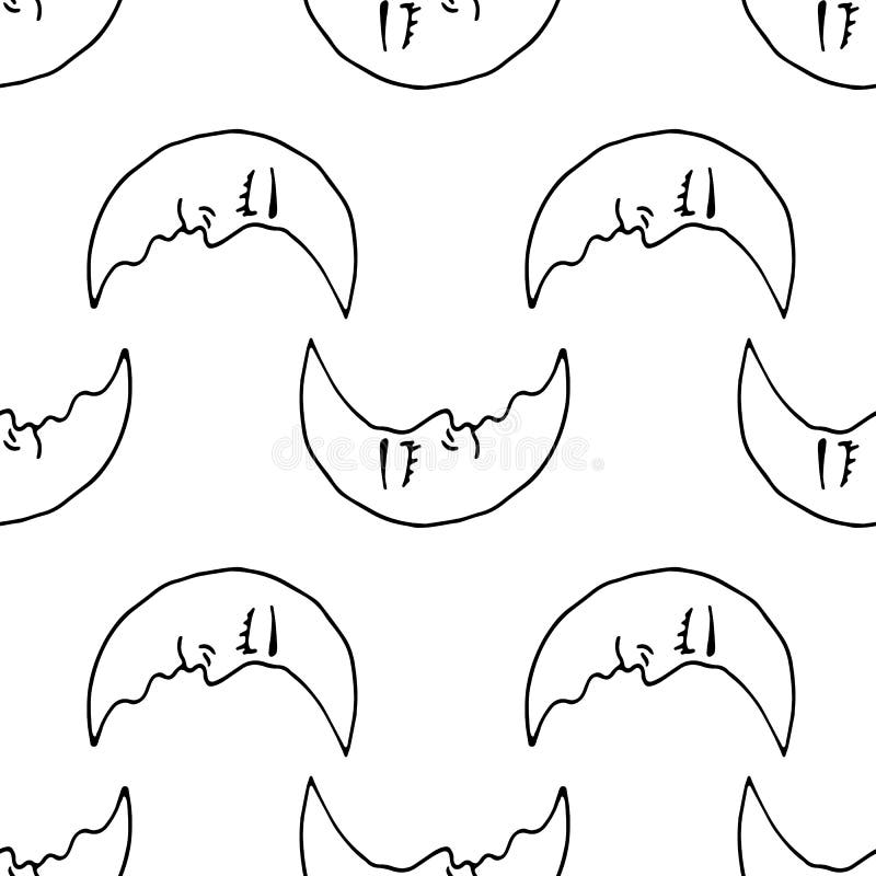 Monochrome seamless pattern with hand drawn crescent on white background. Vector stock illustration