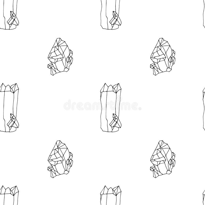 Monochrome seamless pattern with hand drawn crystals on white background. Vector stock illustration