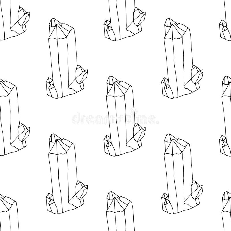 Monochrome seamless pattern with hand drawn crystals on white background. Vector royalty free illustration